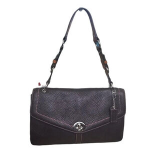 COACH Hamilton Flap Pebbled Leather Turnlock Two Way Shoulder Bag Dark Brown